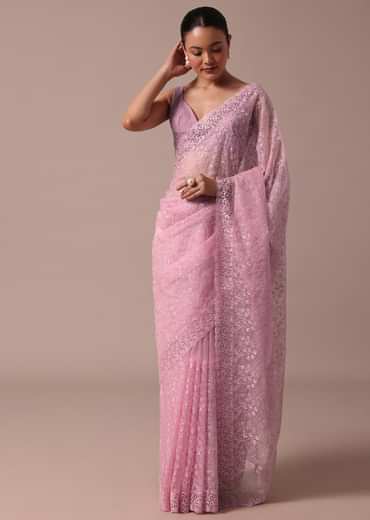 Pink Organza Saree With Unstitched Blouse