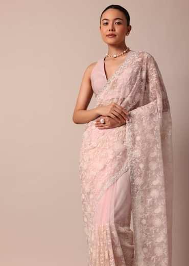 Pink Organza Silk Saree With Chikankari Floral Jaal Work And Unstitched Blouse Fabric