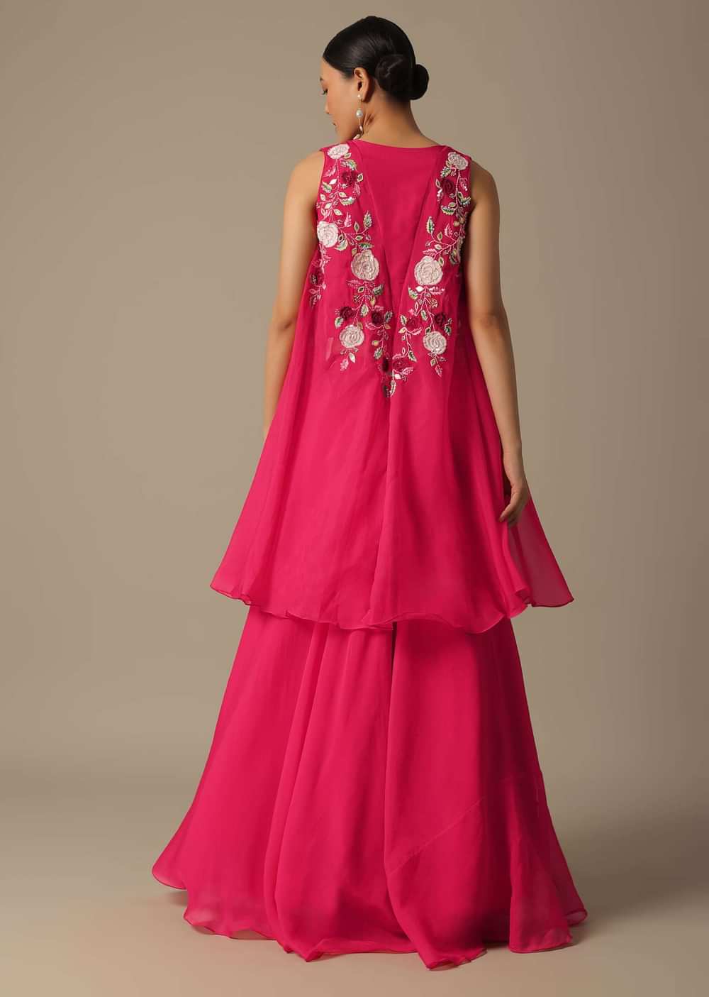 Pink Organza Embroidered Crop Top With Jacket And Skirt Set