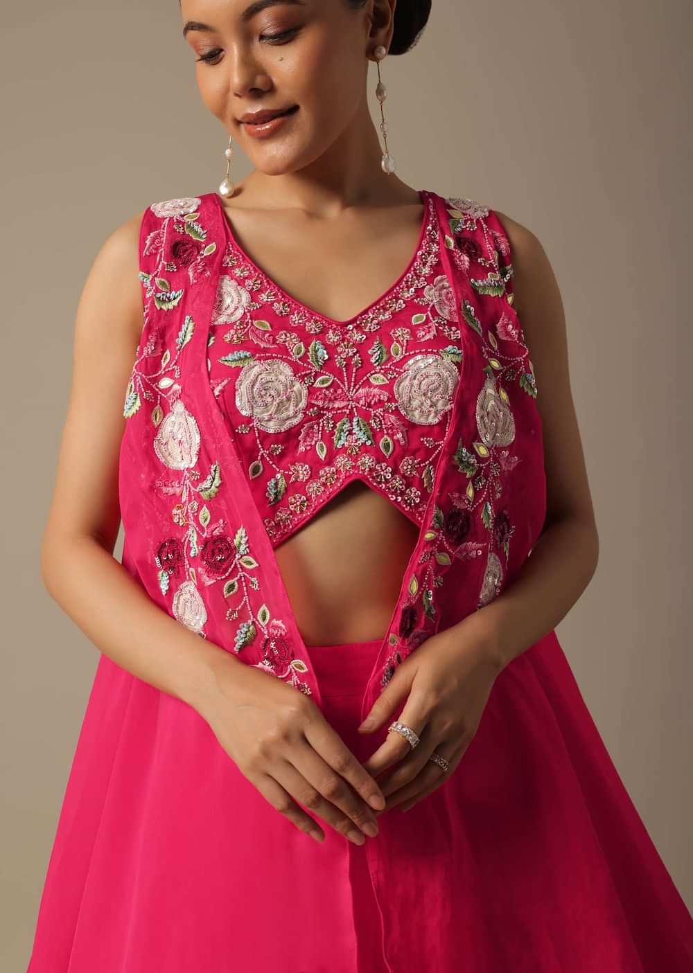 Pink Organza Embroidered Crop Top With Jacket And Skirt Set