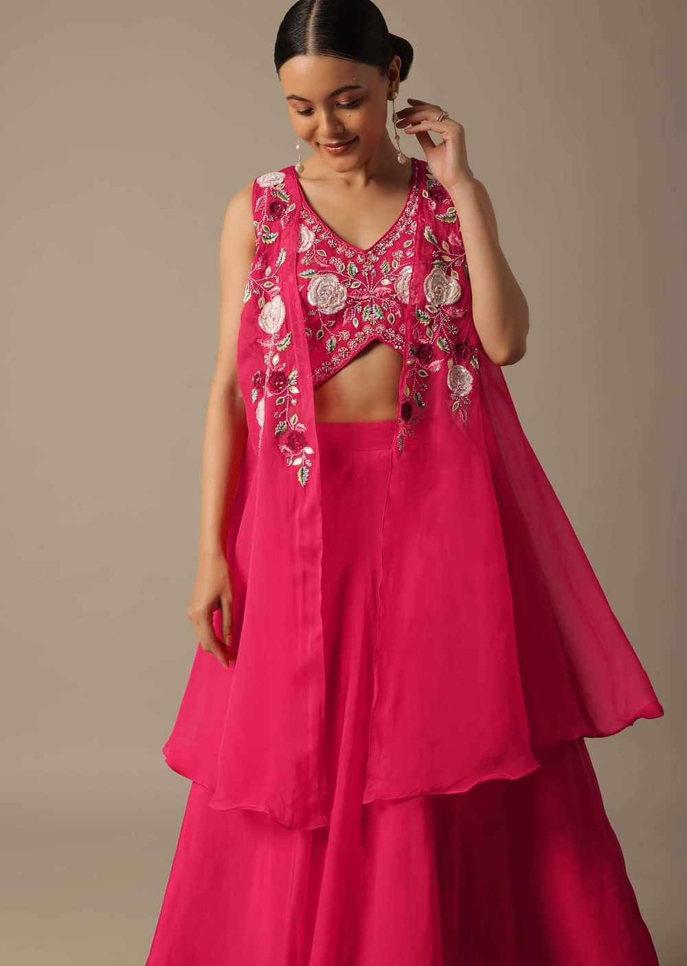 Pink Organza Embroidered Crop Top With Jacket And Skirt Set