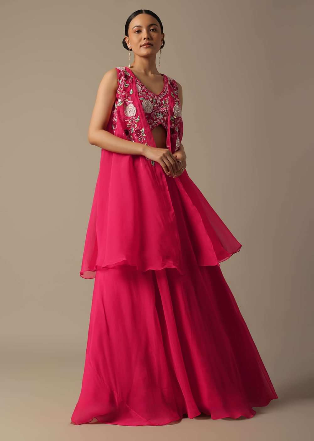 Pink Organza Embroidered Crop Top With Jacket And Skirt Set