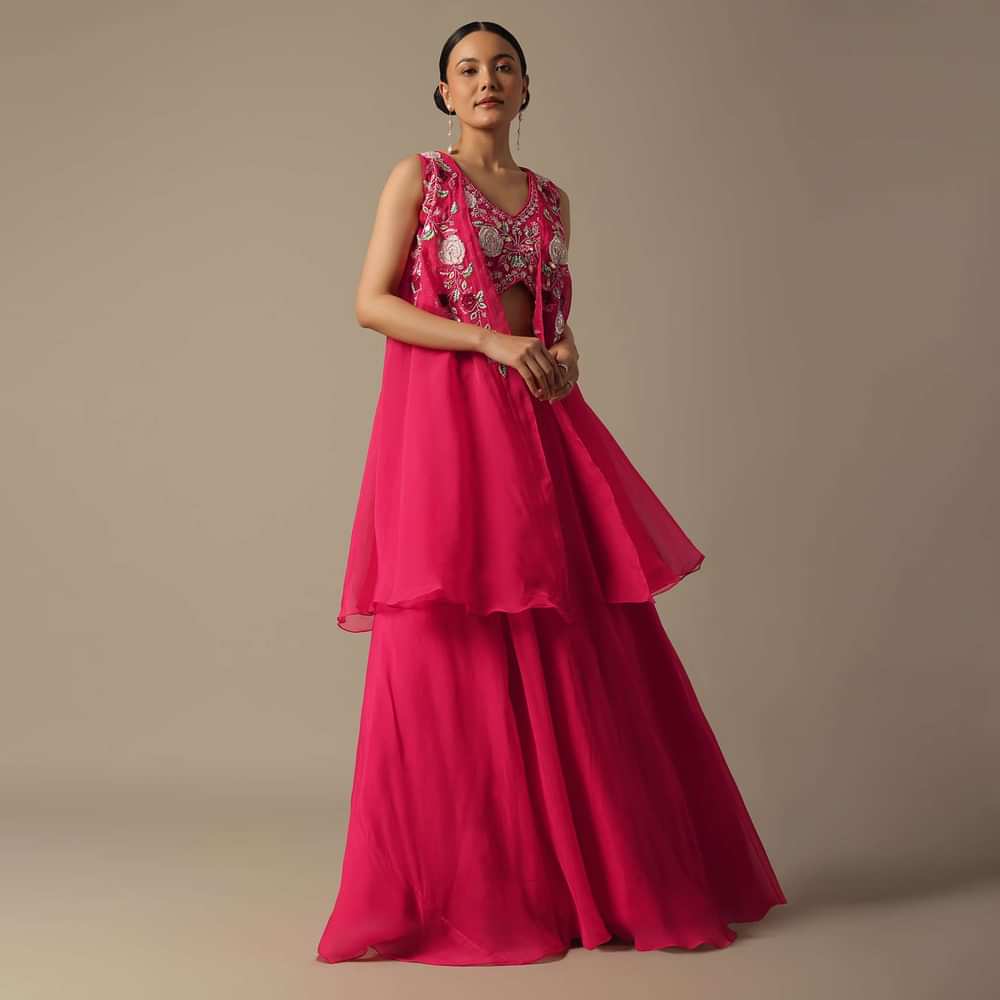 Pink Organza Embroidered Crop Top With Jacket And Skirt Set
