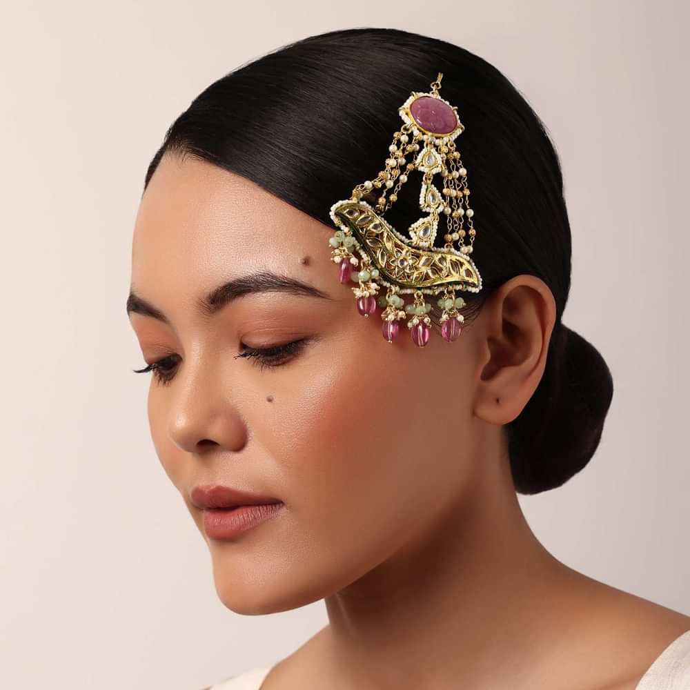 Pink Passa With Encrusted Kundan And Bead Drops