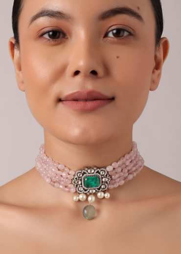 Pink Polki Kundan Choker Set With Stone Drops