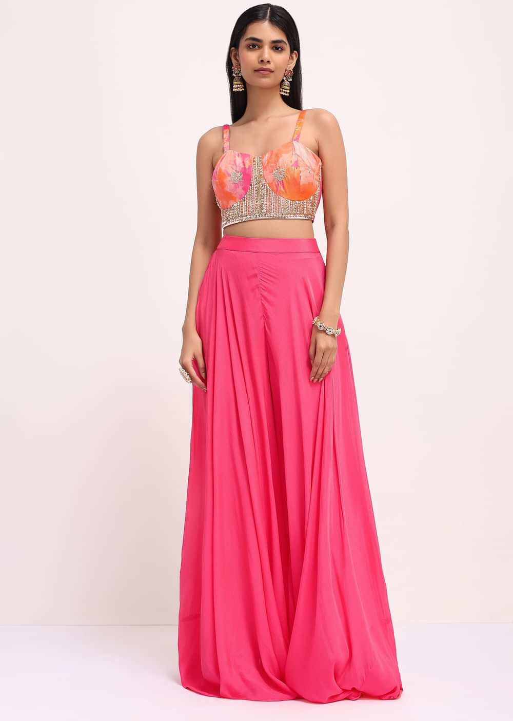 Pink Printed Crop Top And Palazzo Set With Jacket