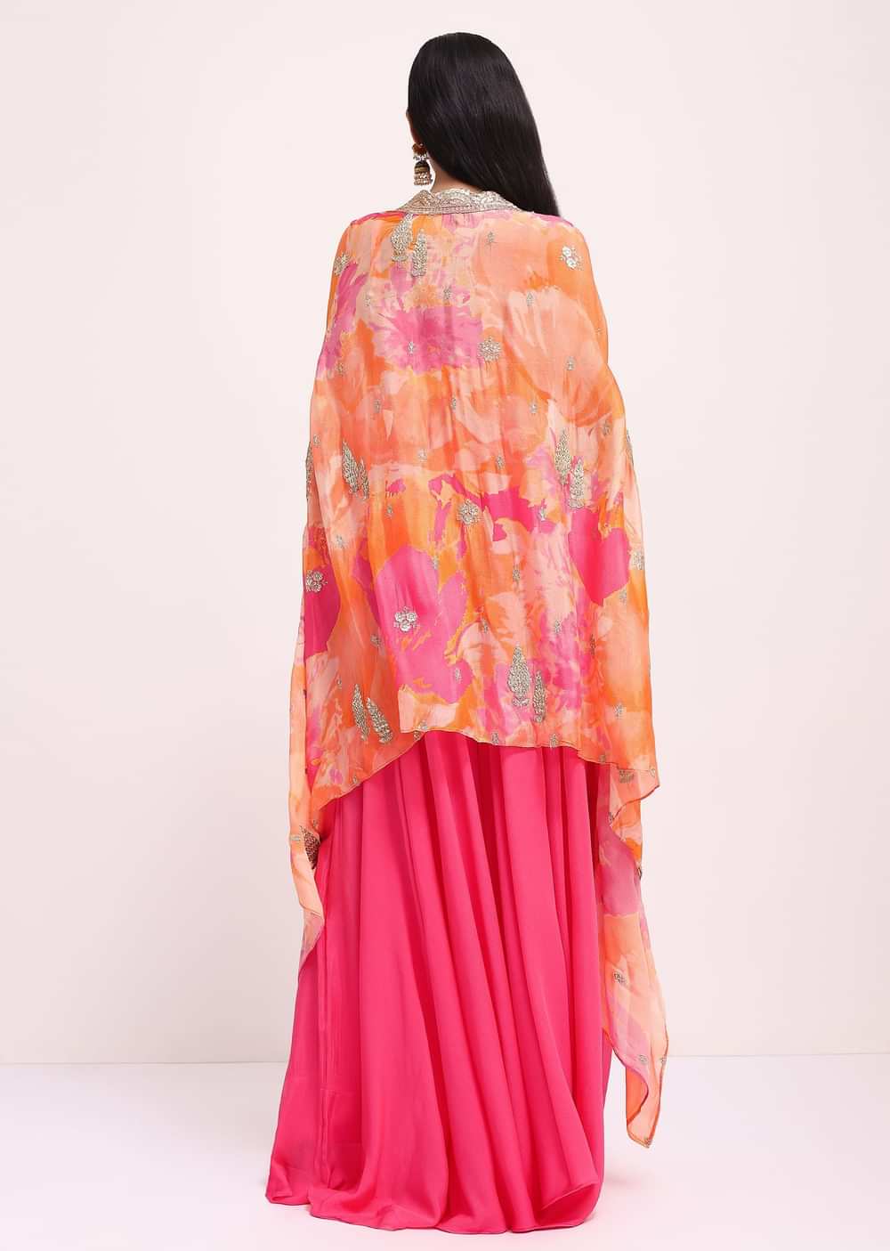 Pink Printed Crop Top And Palazzo Set With Jacket