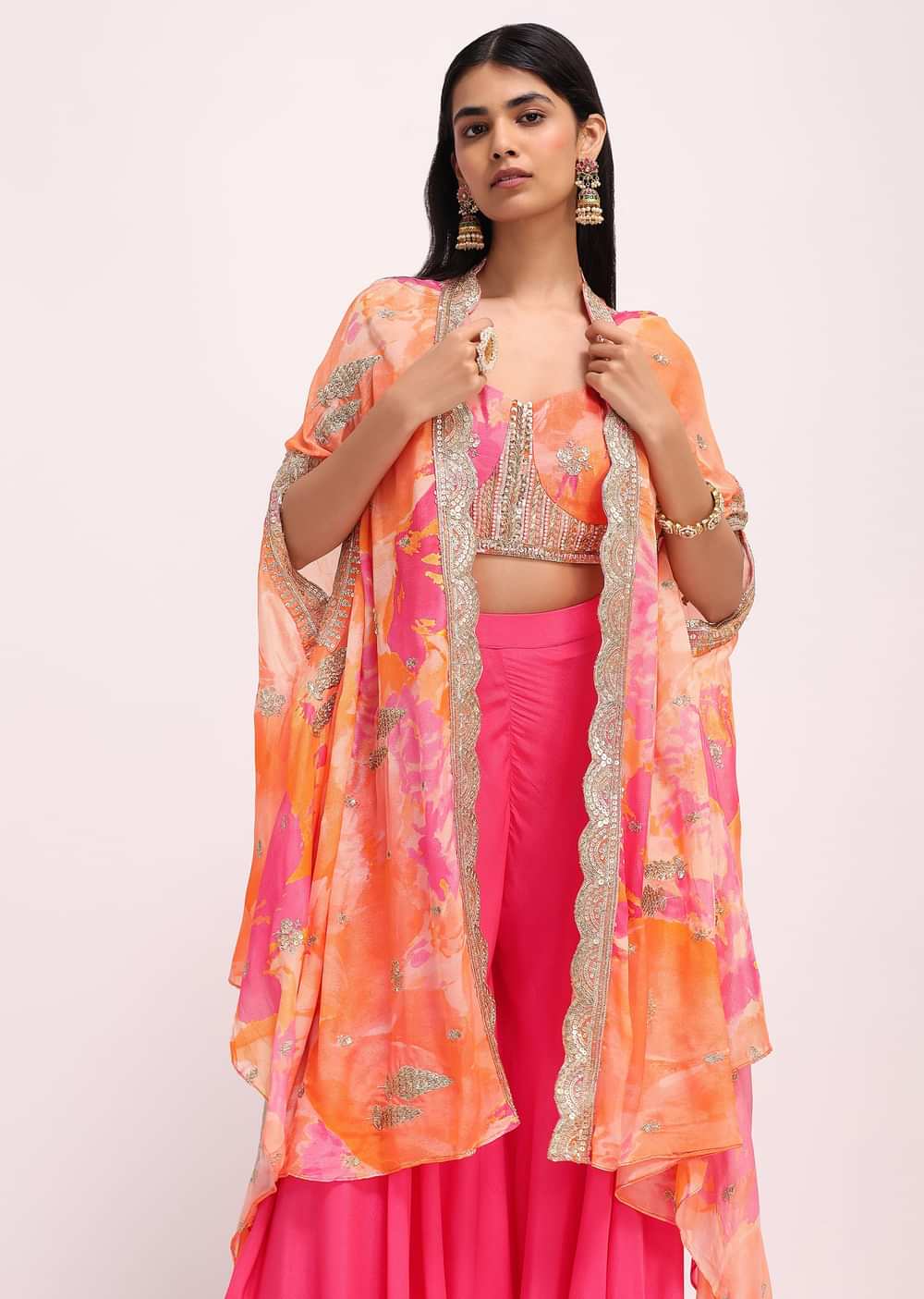 Pink Printed Crop Top And Palazzo Set With Jacket