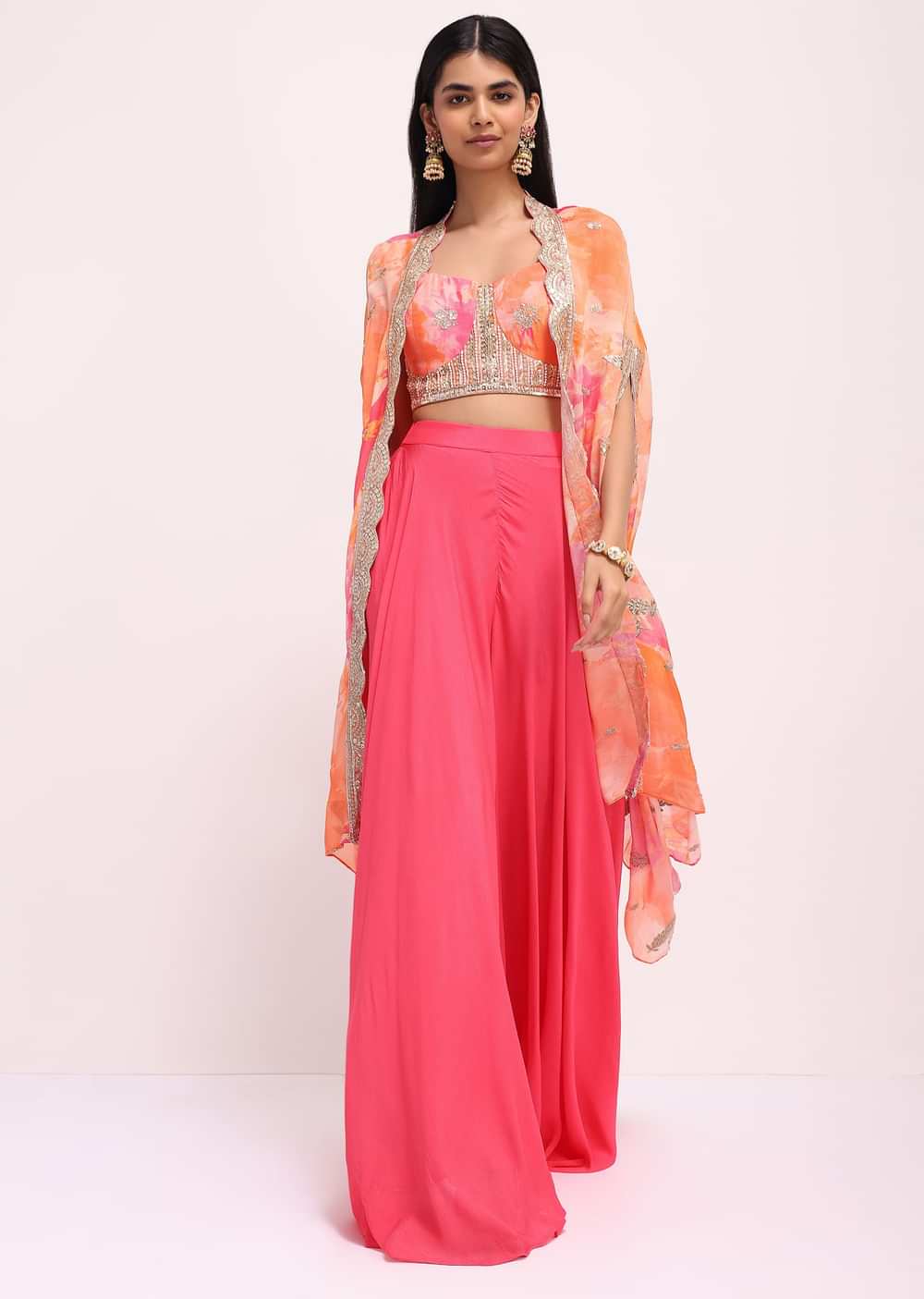 Pink Printed Crop Top And Palazzo Set With Jacket