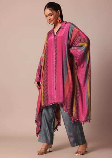 Pink Printed Kaftaan Set With Metal Coins Detailing