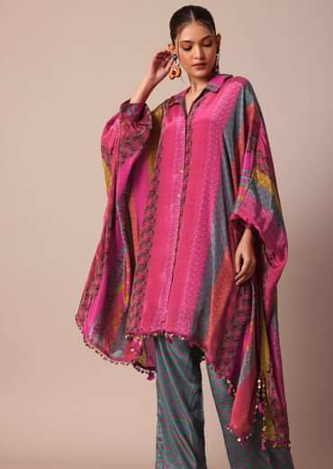 Pink Printed Kaftaan Set With Metal Coins Detailing