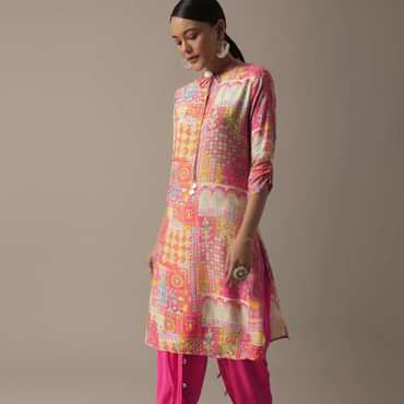 Pink Printed Kurta Set In Tussar Silk