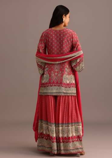 Pink Printed Kurti Sharara Suit With Chiffon Dupatta