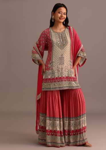 Pink Printed Kurti Sharara Suit With Chiffon Dupatta