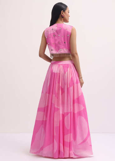 Pink Printed Lehenga Choli With Embroidered Jacket