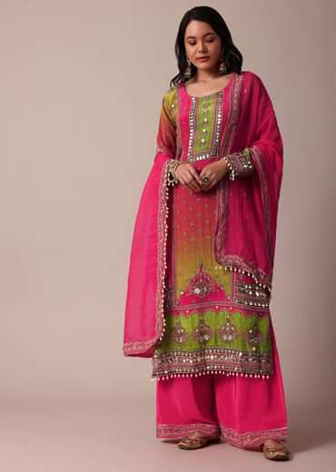 Pink Printed Palazzo Set With Zari Work Kurta