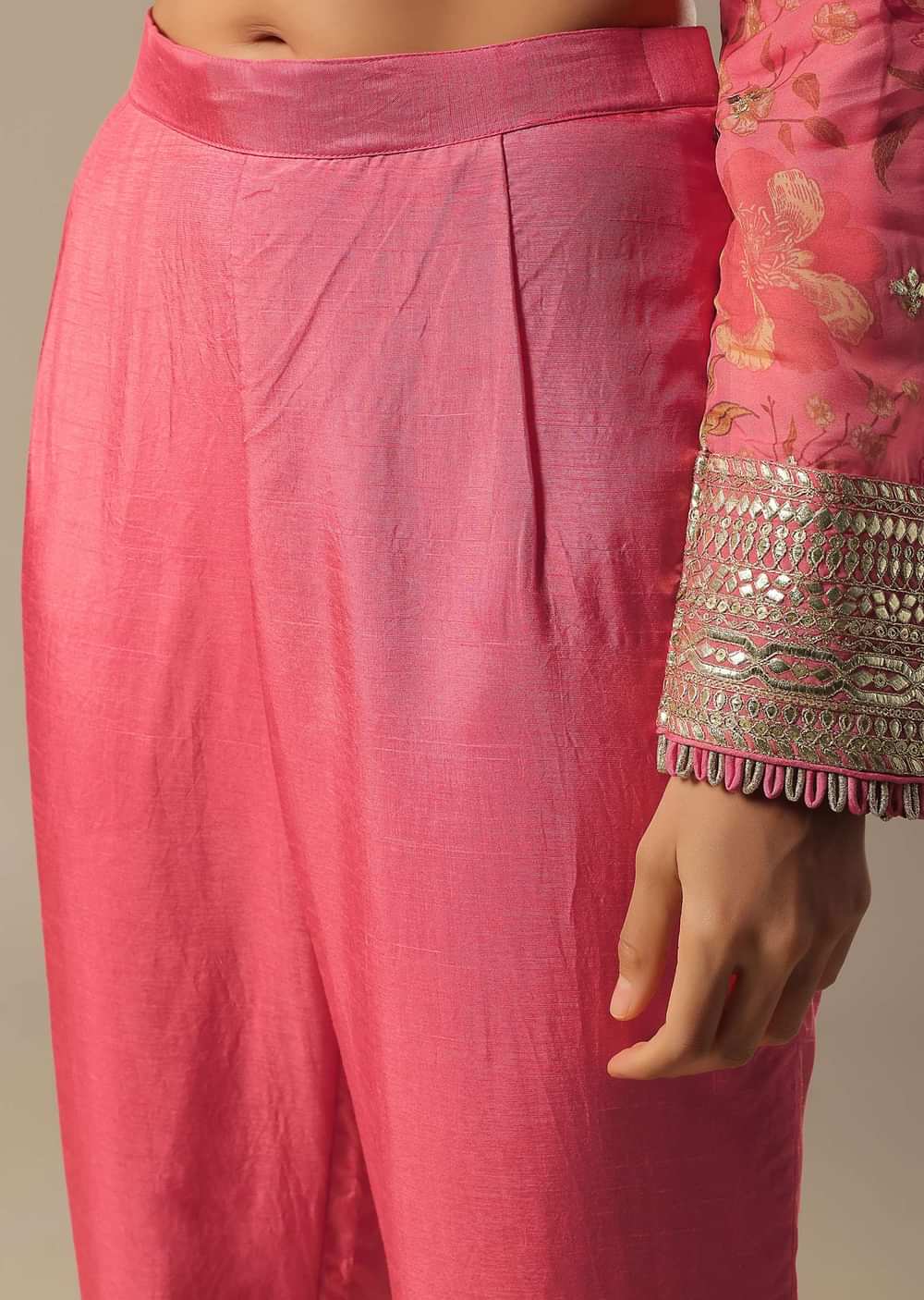Pink Printed Pant Set With Zari Work Kurta