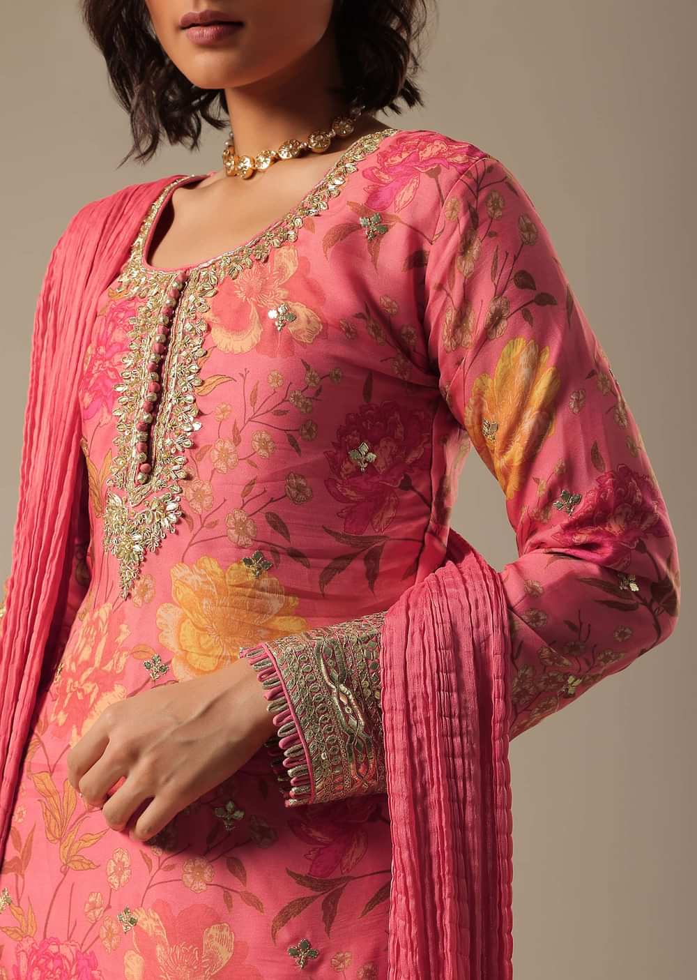 Pink Printed Pant Set With Zari Work Kurta