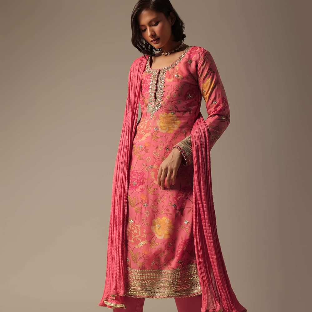 Pink Printed Pant Set With Zari Work Kurta