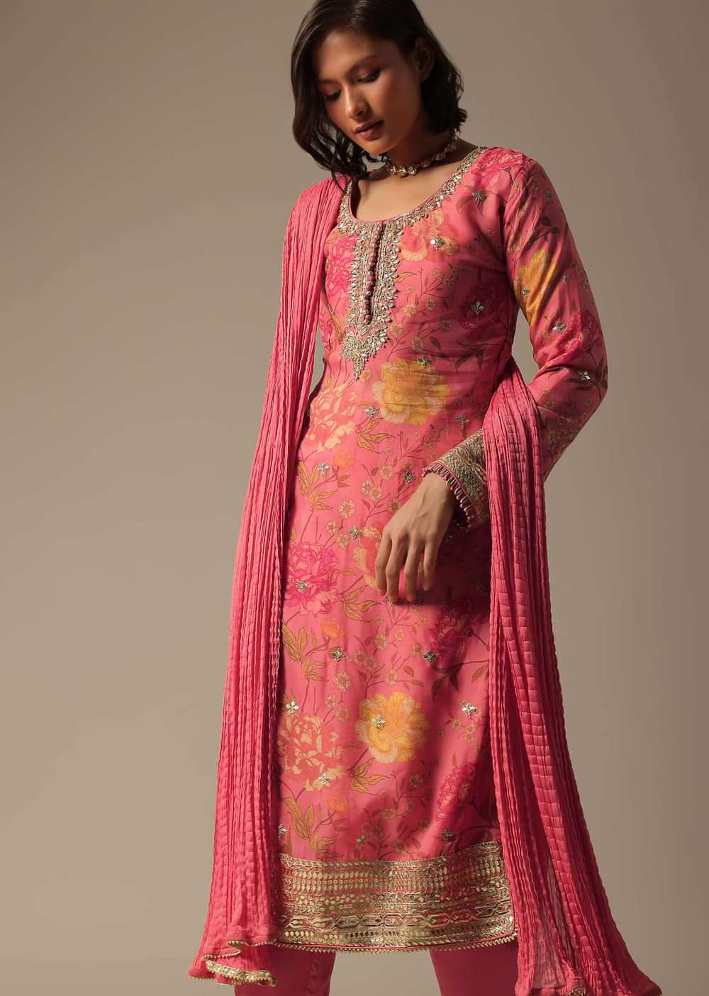 Pink Printed Pant Set With Zari Work Kurta