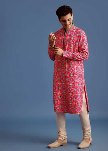 Pink Printed Pashmina Kurta Set For Men