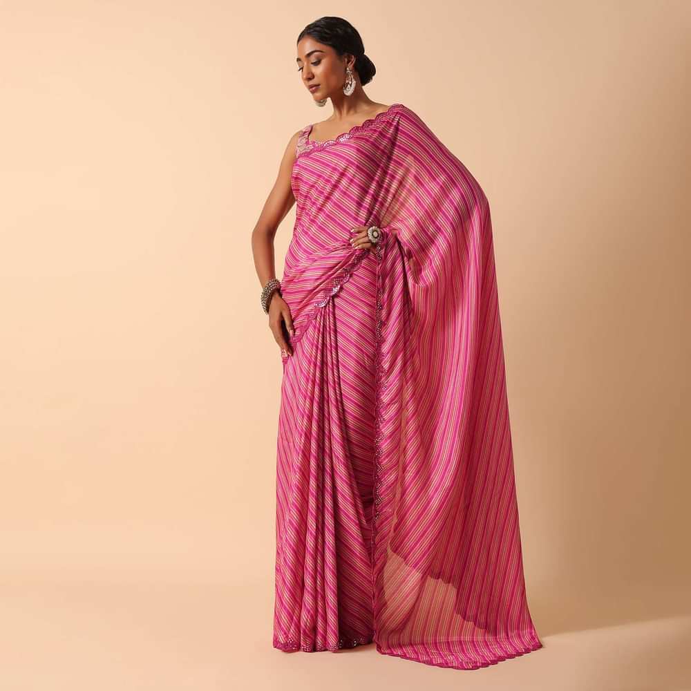 Pink Printed Saree With Mirror Work Border And Unstitched Blouse Fabric