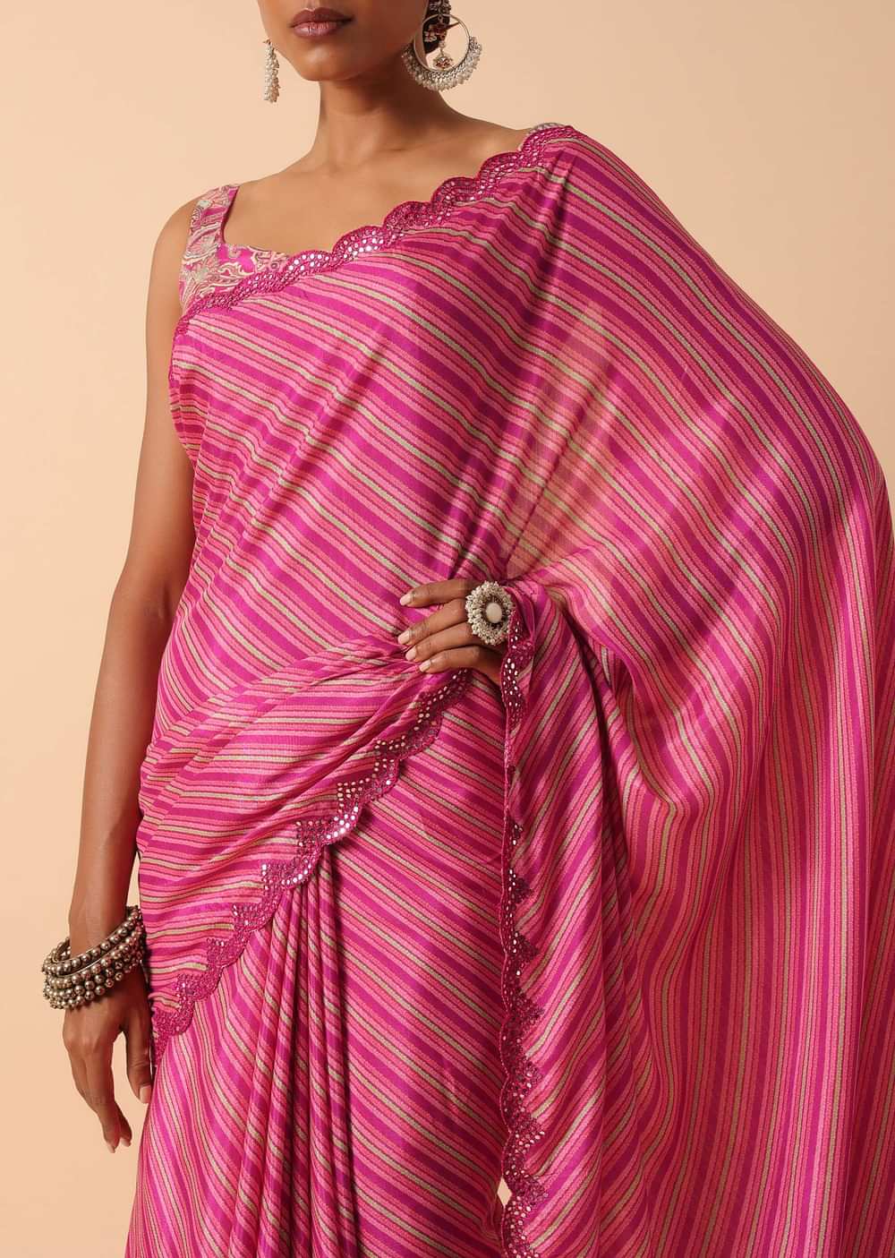 Pink Printed Saree With Mirror Work Border And Unstitched Blouse Fabric