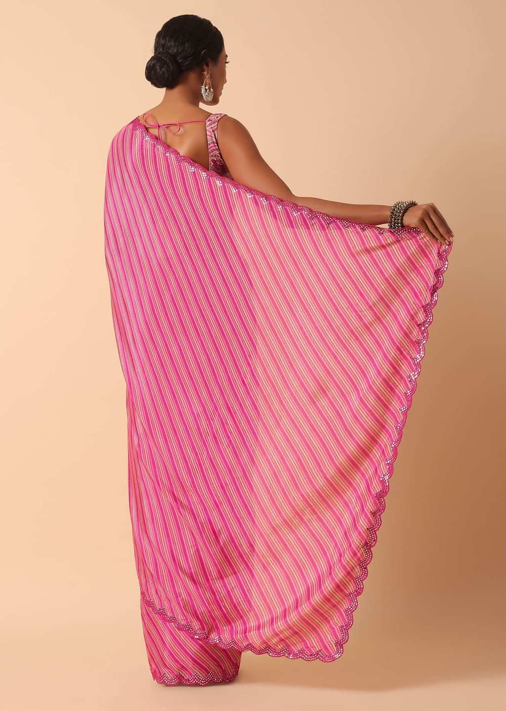 Pink Printed Saree With Mirror Work Border And Unstitched Blouse Fabric