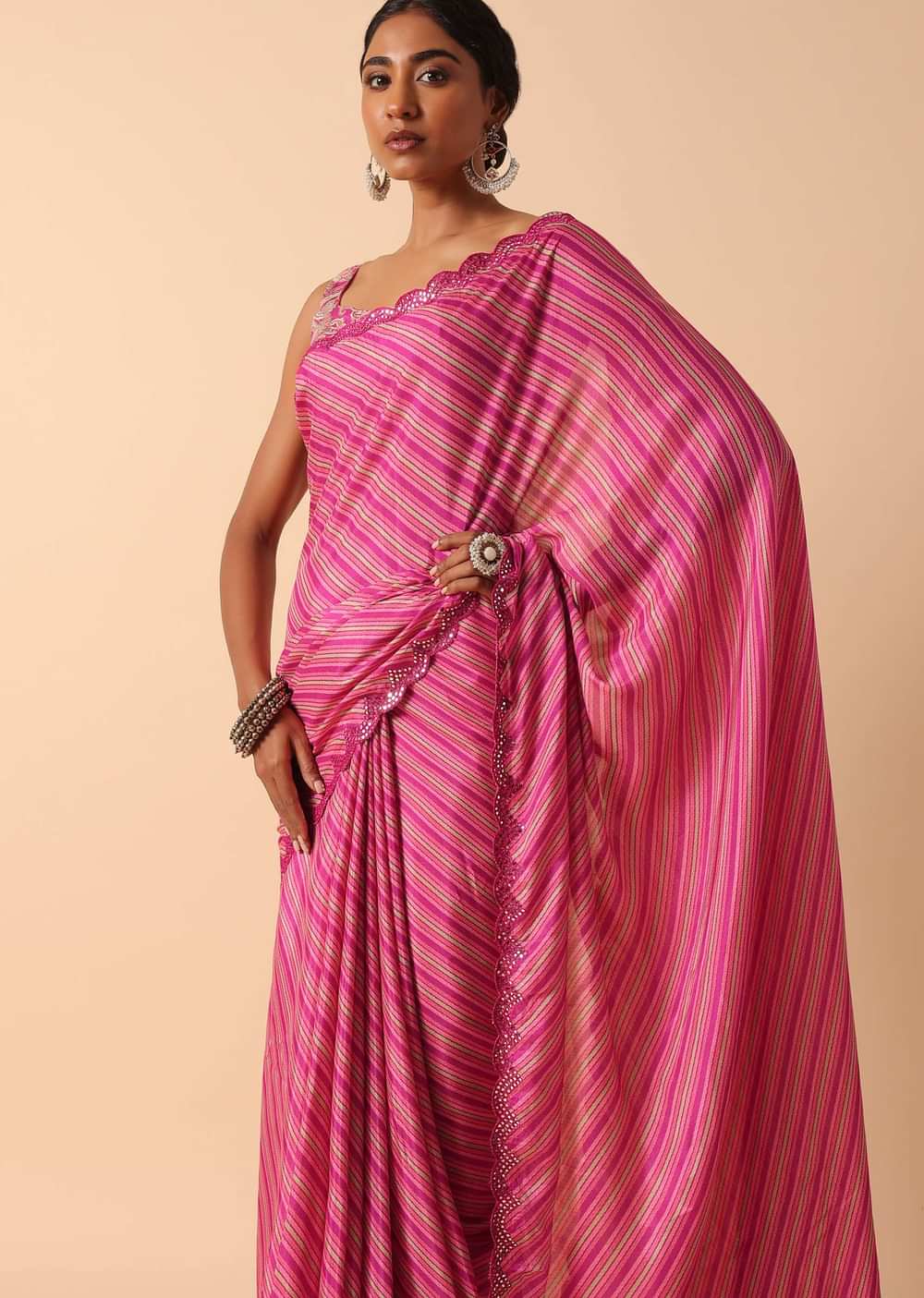Pink Printed Saree With Mirror Work Border And Unstitched Blouse Fabric