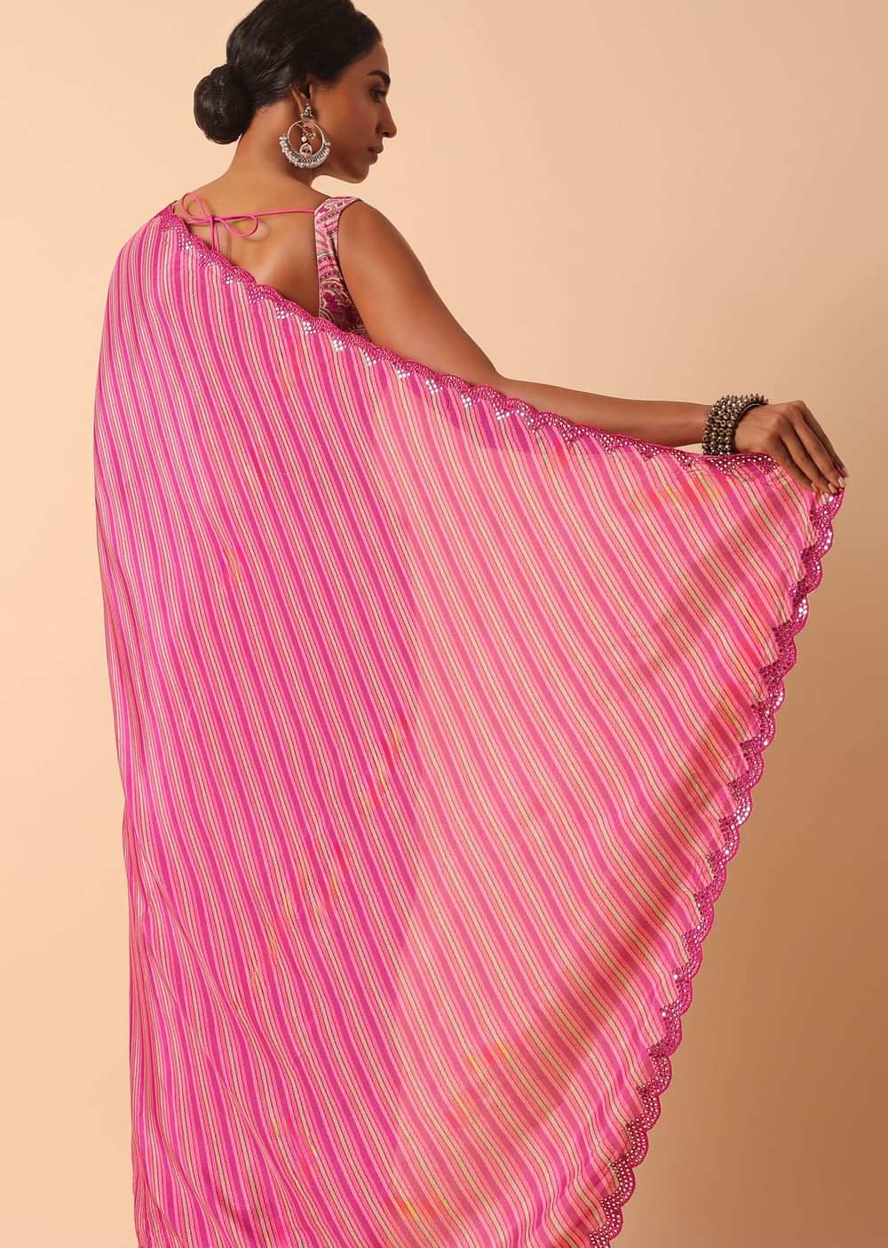 Pink Printed Saree With Mirror Work Border And Unstitched Blouse Fabric