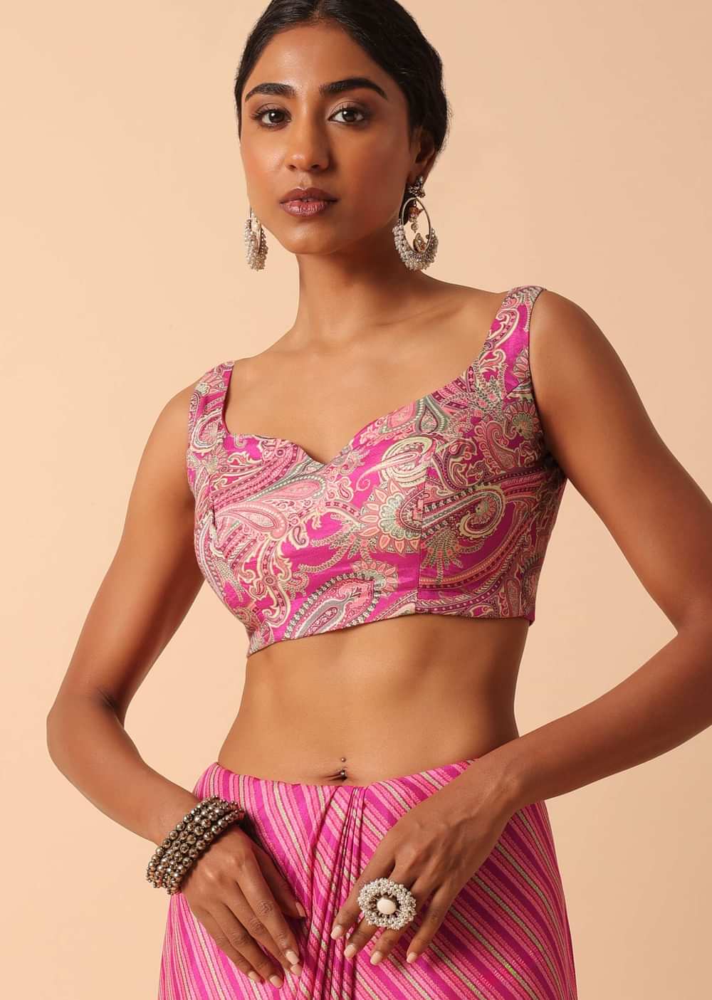 Pink Printed Saree With Mirror Work Border And Unstitched Blouse Fabric
