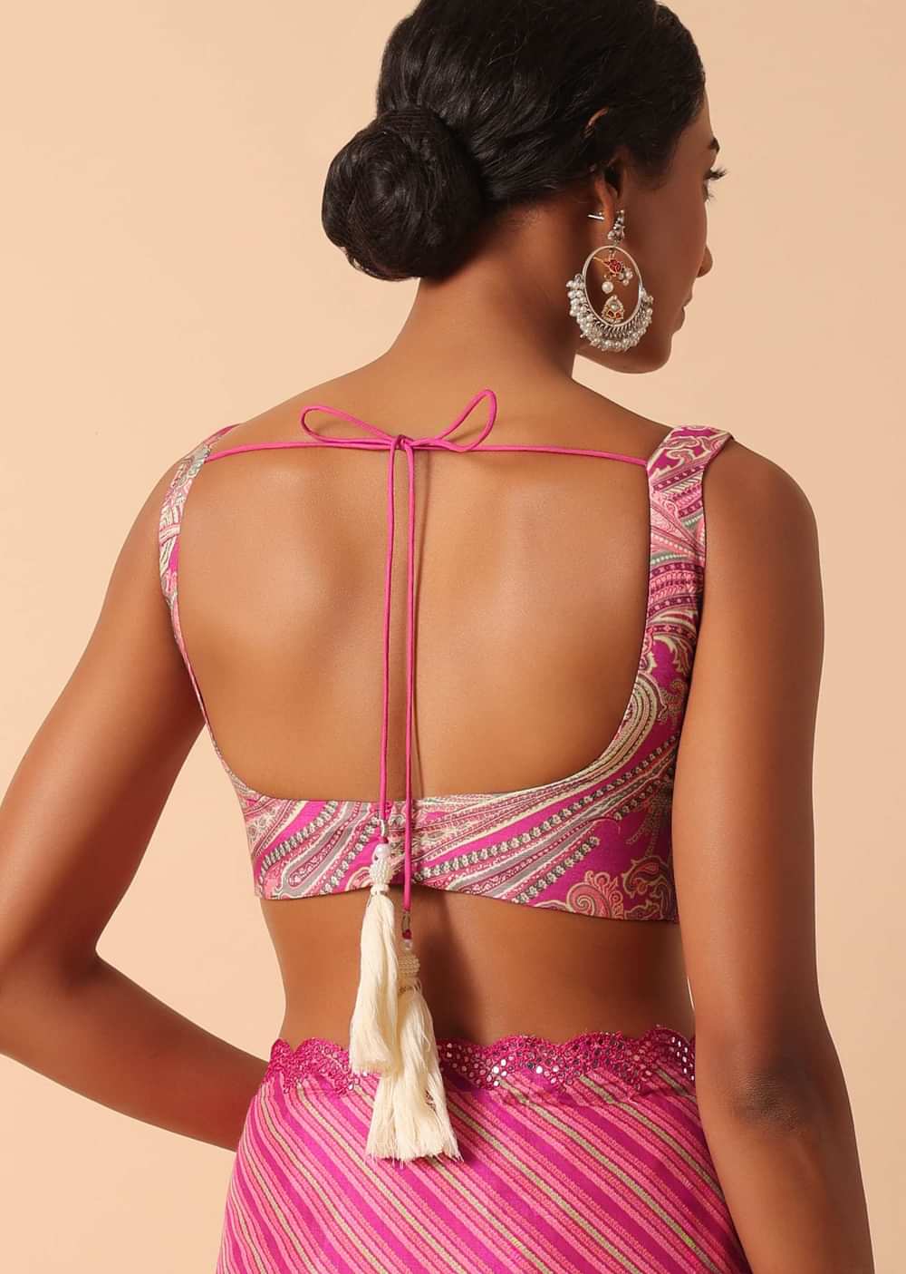 Pink Printed Saree With Mirror Work Border And Unstitched Blouse Fabric