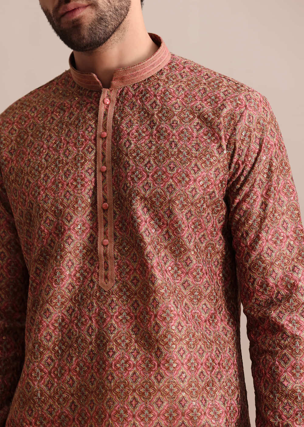 Pink Printed Silk Kurta Set For Men