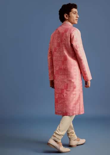 Pink Silk Printed Kurta Set With Mandarin Collar