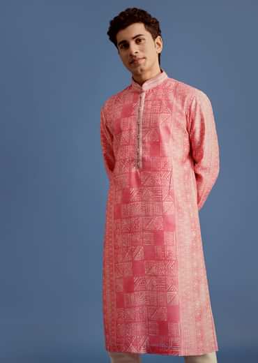 Pink Silk Printed Kurta Set With Mandarin Collar