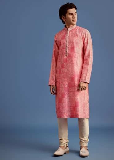 Pink Silk Printed Kurta Set With Mandarin Collar
