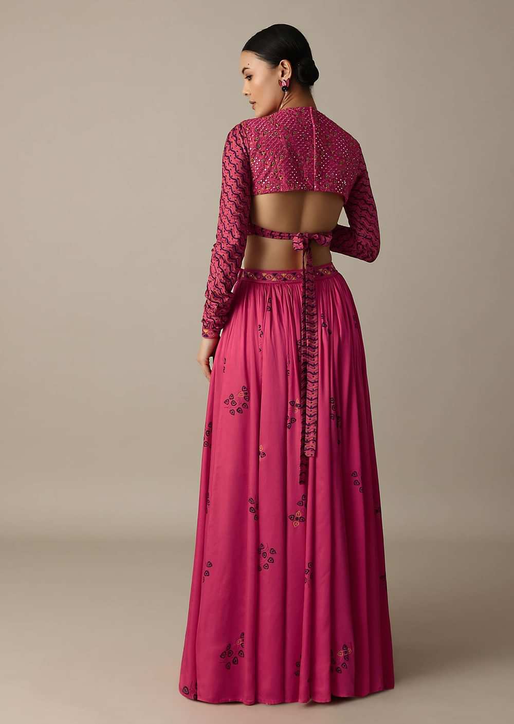 Pink Printed Silk Skirt With Embroidered High-Neck Crop Top