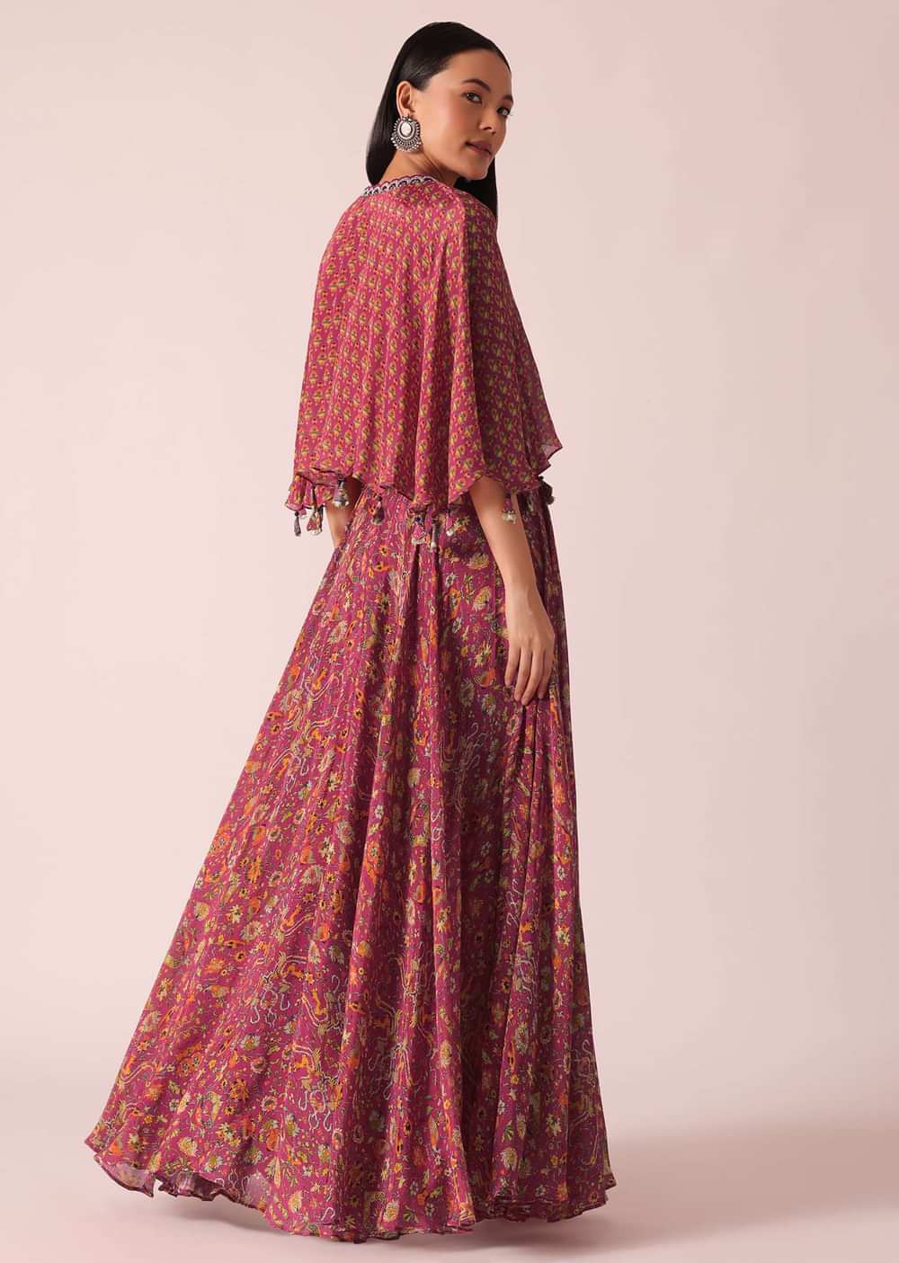 Pink Printed Tassel Crop Top And Lehenga Set