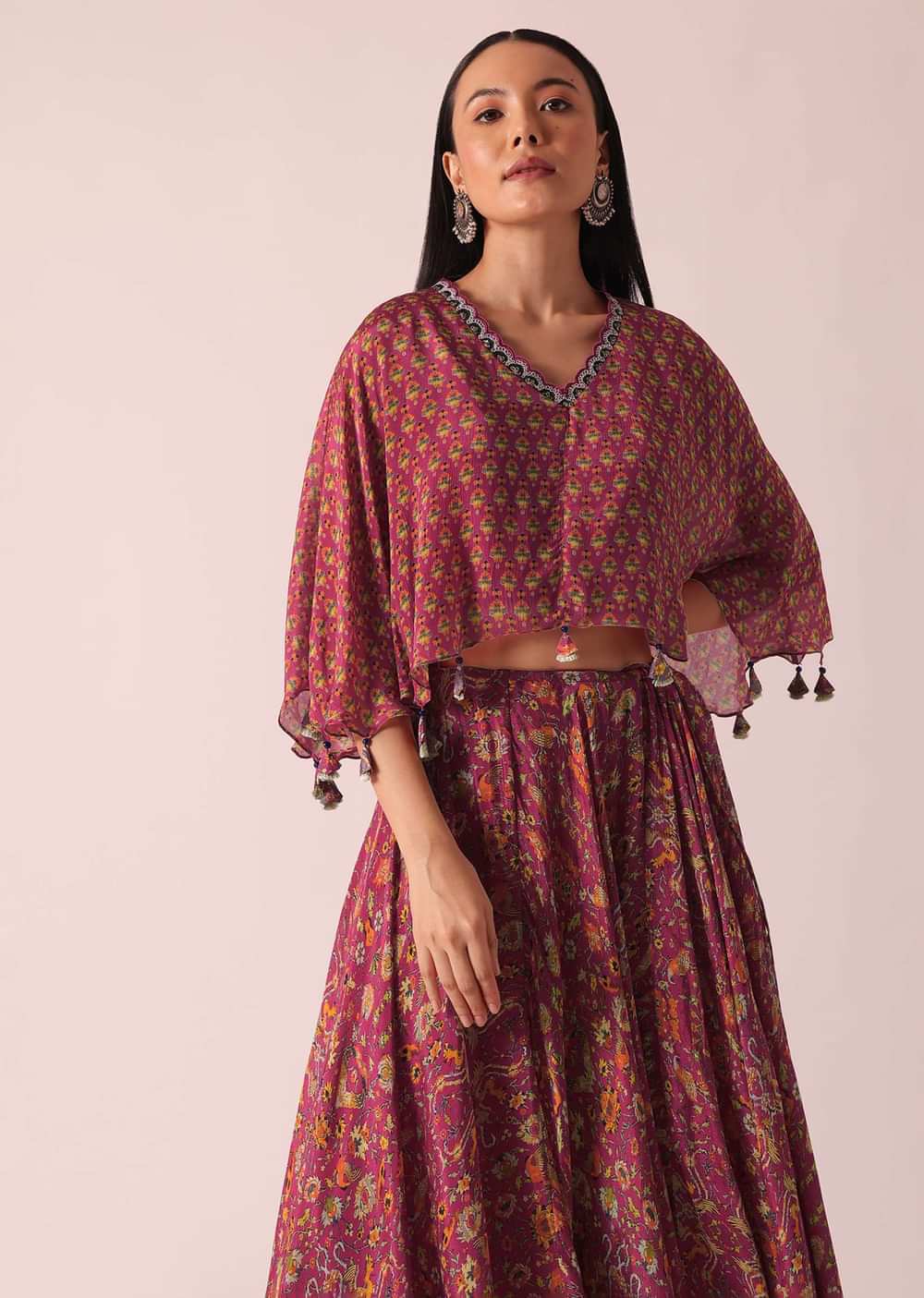 Pink Printed Tassel Crop Top And Lehenga Set