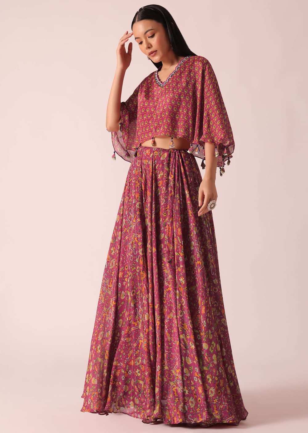 Pink Printed Tassel Crop Top And Lehenga Set