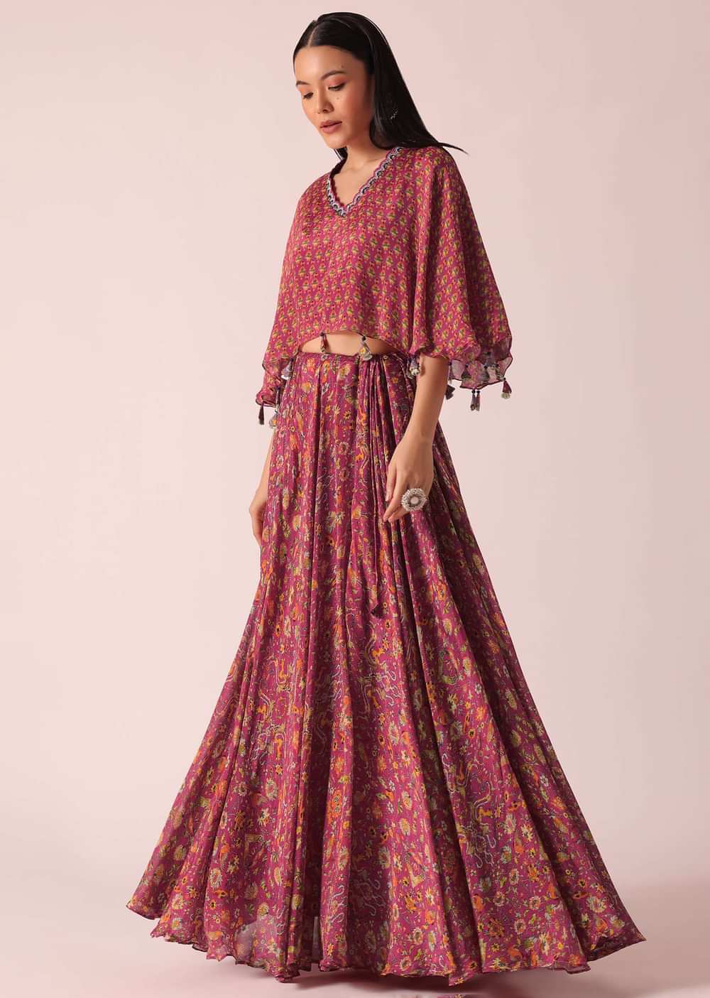 Pink Printed Tassel Crop Top And Lehenga Set