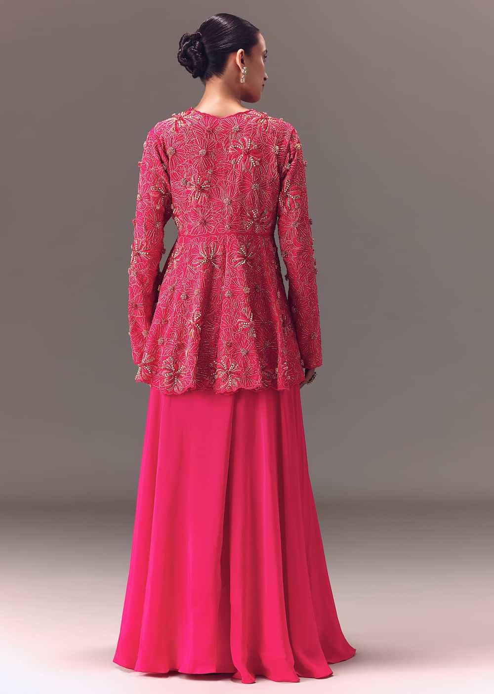 Pink Raw Silk Peplum With Double Circular Palazzo Pants