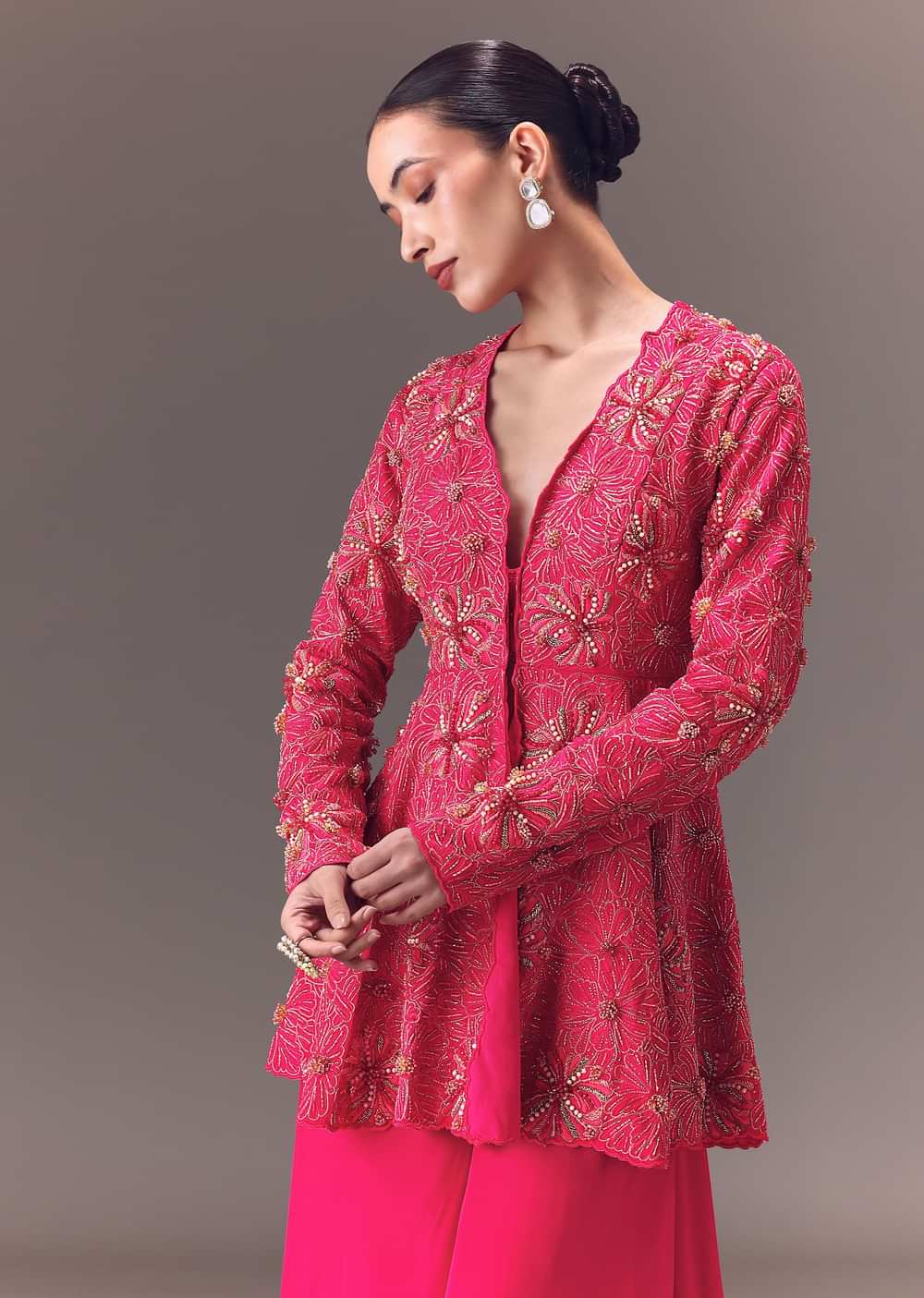 Pink Raw Silk Peplum With Double Circular Palazzo Pants