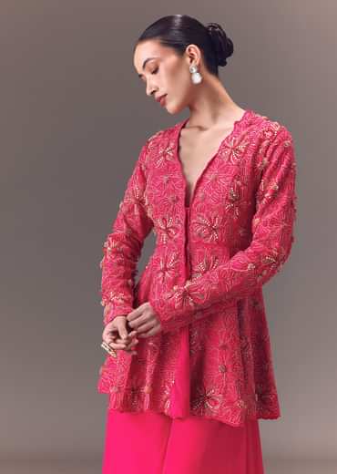 Pink Raw Silk Peplum With Double Circular Palazzo Pants