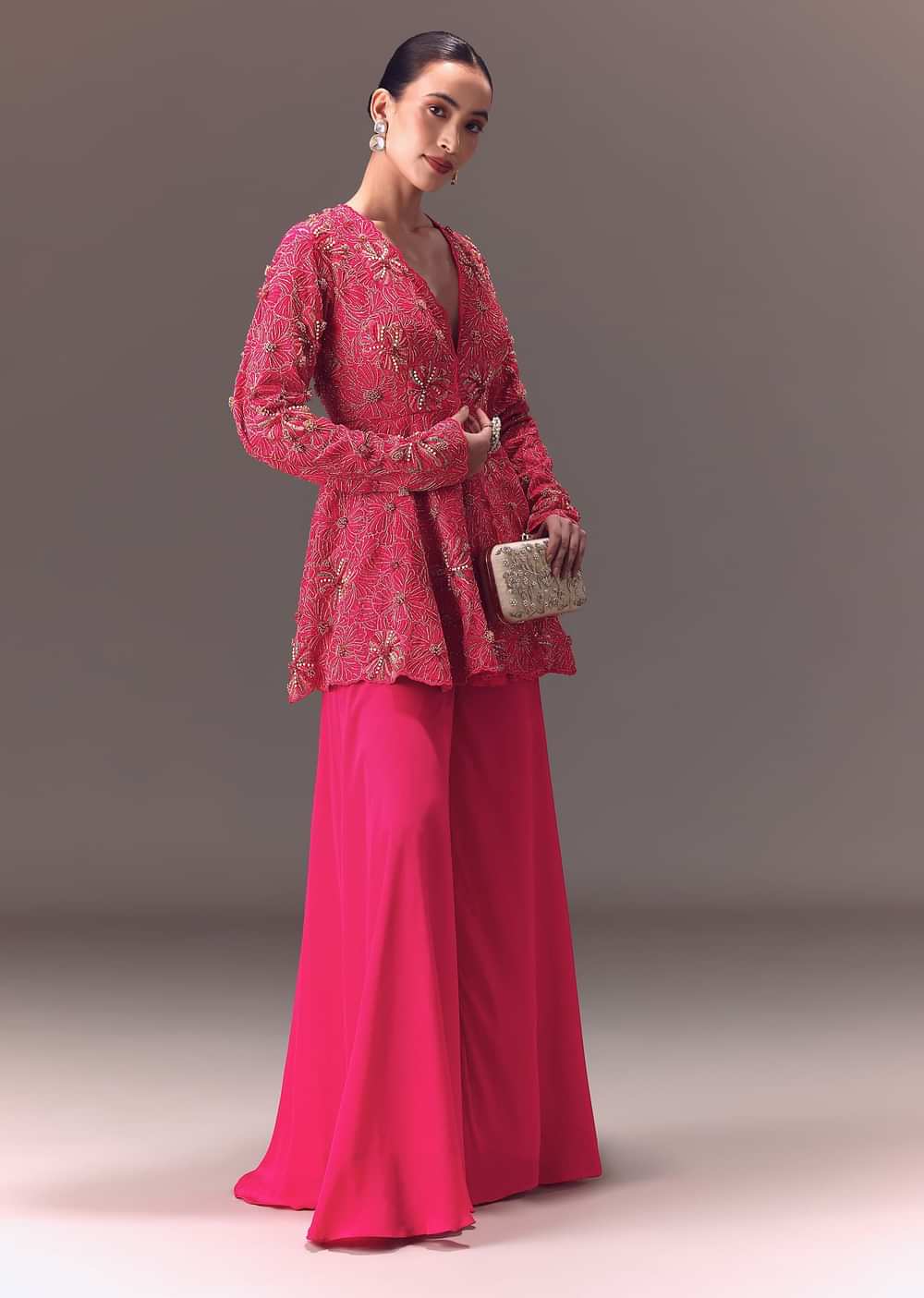 Pink Raw Silk Peplum With Double Circular Palazzo Pants
