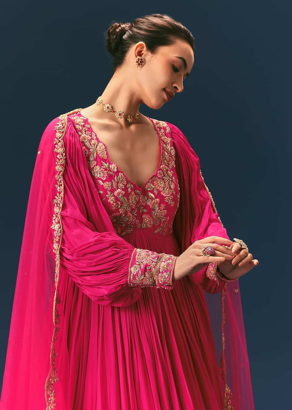 Pink Raw Silk Thread Embroidered Anarkali With Balloon Sleeves And Embroidered Dupatta