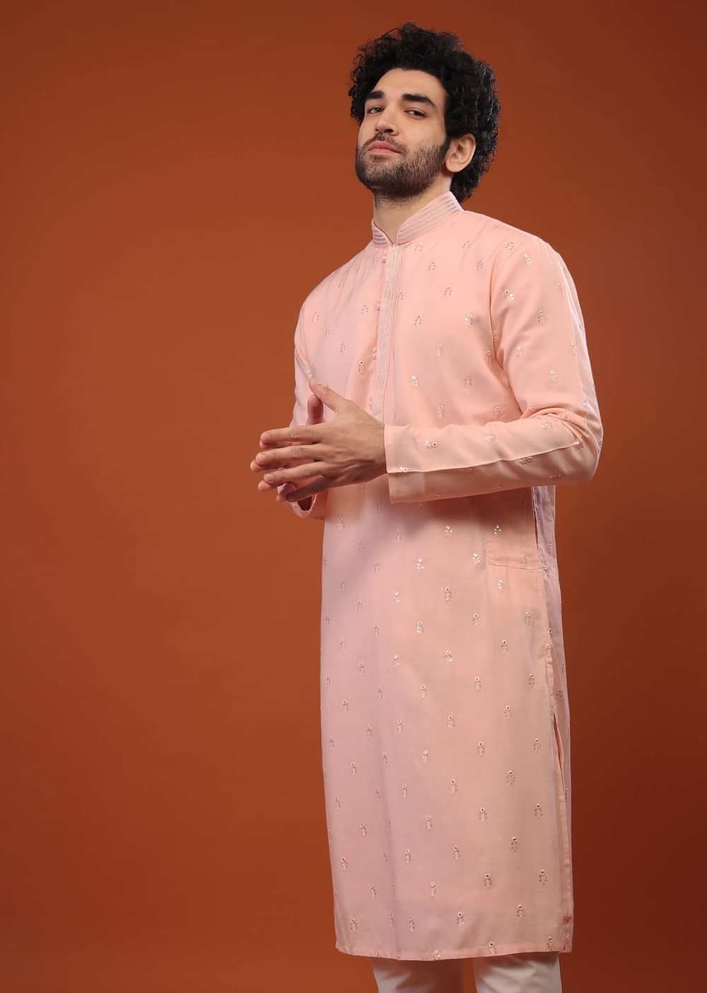 Pink Rayon Kurta Set With Woven Buttis