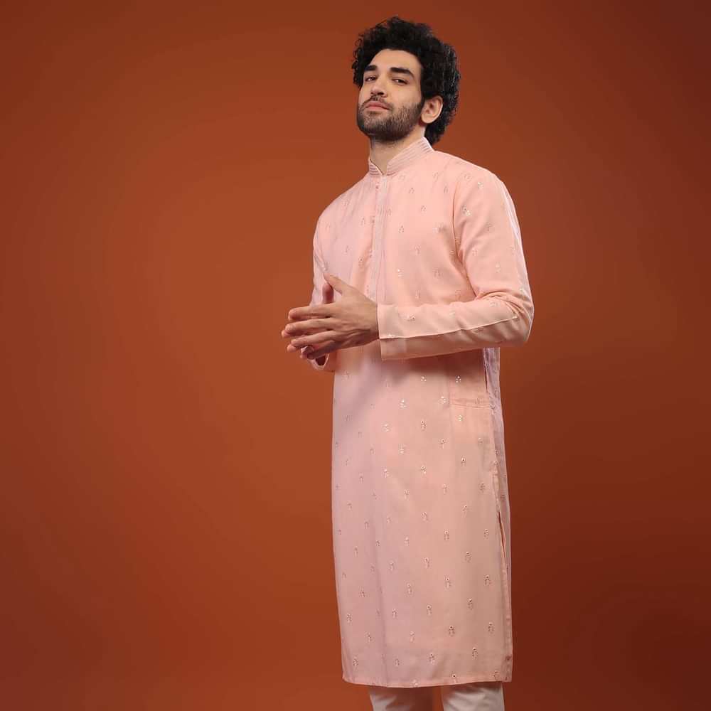 Pink Rayon Kurta Set With Woven Buttis