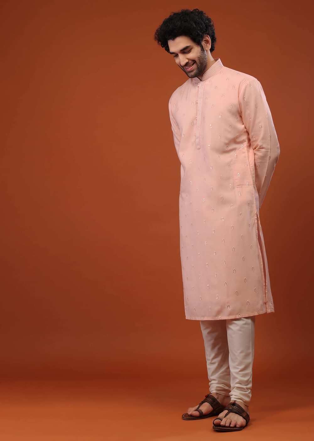 Pink Rayon Kurta Set With Woven Buttis