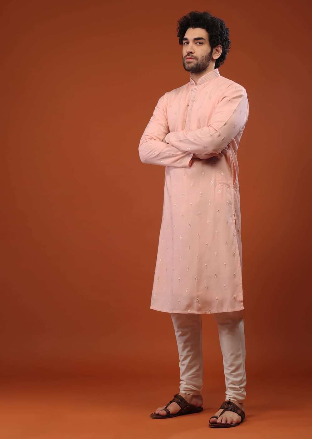 Pink Rayon Kurta Set With Woven Buttis
